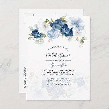 Modern Floral Dusty Blue Script Bridal Shower Invitation PostInvitations