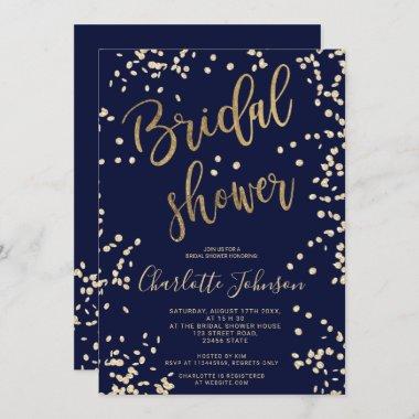 Modern gold foil confetti navy blue bridal shower Invitations