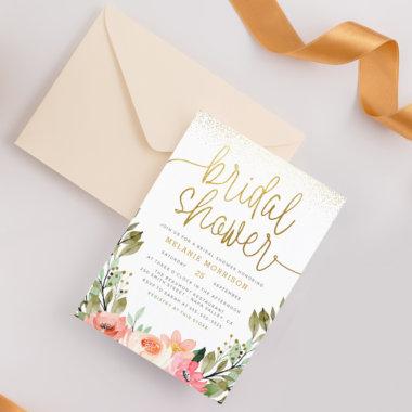 Modern Gold Script Watercolor Floral Bridal Shower Invitations