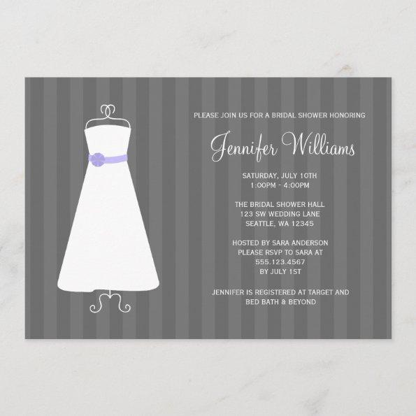Modern Gray and Purple Gown Stripes Bridal Shower Invitations