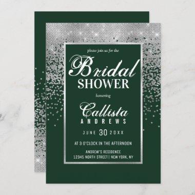 Modern Green Silver Glitter Confetti Bridal Shower Invitations