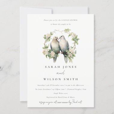 Modern Love Birds Botanical Wreath Couples Shower Invitations