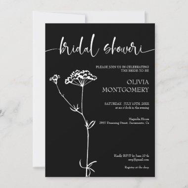 Modern Minimalist Floral Black Bridal Shower Invitations