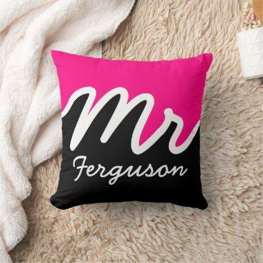 Modern Mr Color Block Bright Pink White Black Throw Pillow