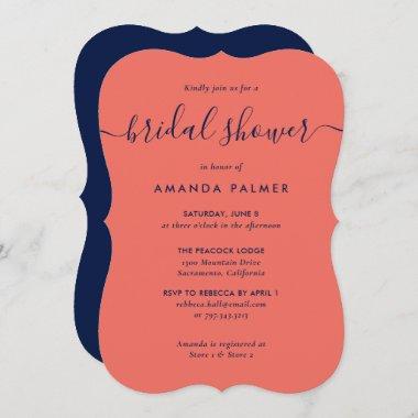Modern Navy Blue and Coral Bridal Shower Invitations