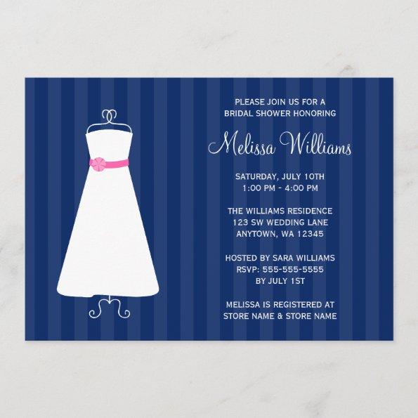 Modern Navy Blue and Pink Gown Bridal Shower Invitations