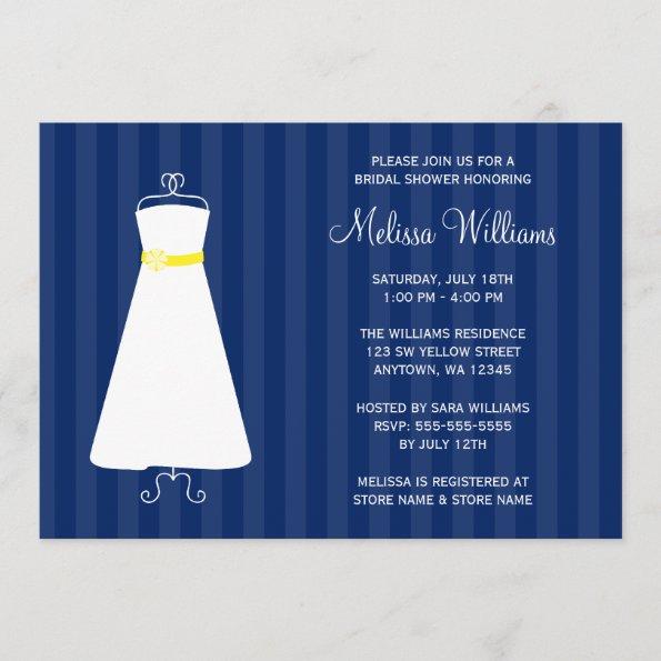 Modern Navy Blue and Yellow Gown Bridal Shower Invitations