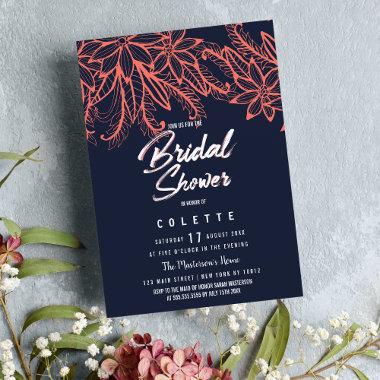 Modern navy blue coral summer floral Bridal Shower Invitations