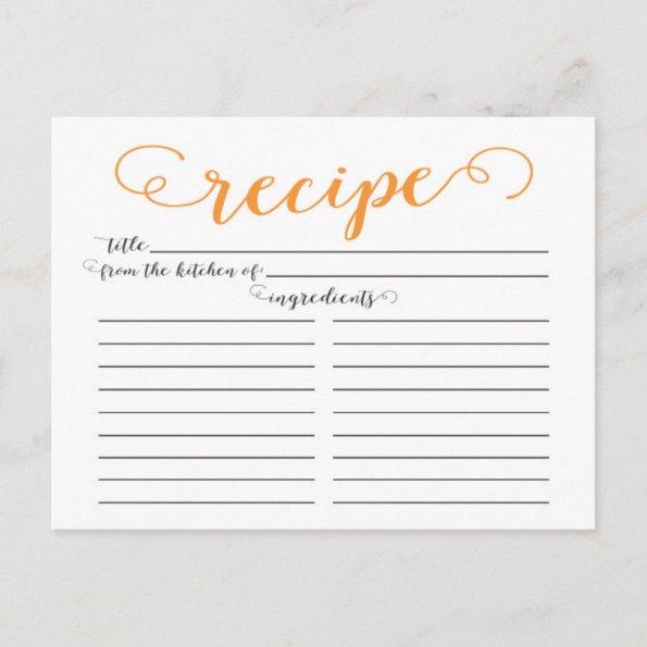 Modern Orange Script Bridal Shower Recipe Invitations