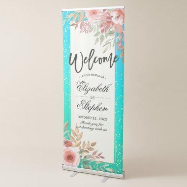 Modern Pink Flowers Teal Gold Dots Wedding Welcome Retractable Banner