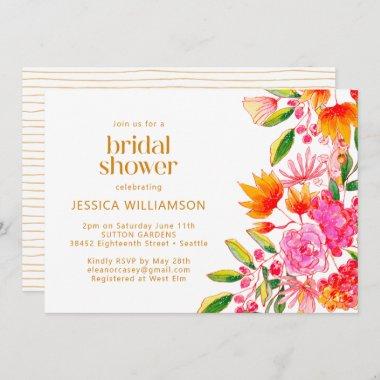 Modern Pink Orange Watercolor Floral Bridal Shower Invitations