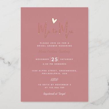 Modern Puce Pink Heart Ms to Mrs Bridal Shower Foil Invitations
