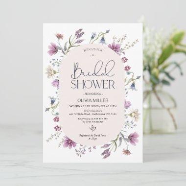 Modern Purple Mauve Wildflowers Bridal Shower Invitations