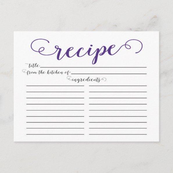 Modern Purple Script Bridal Shower Recipe Invitations
