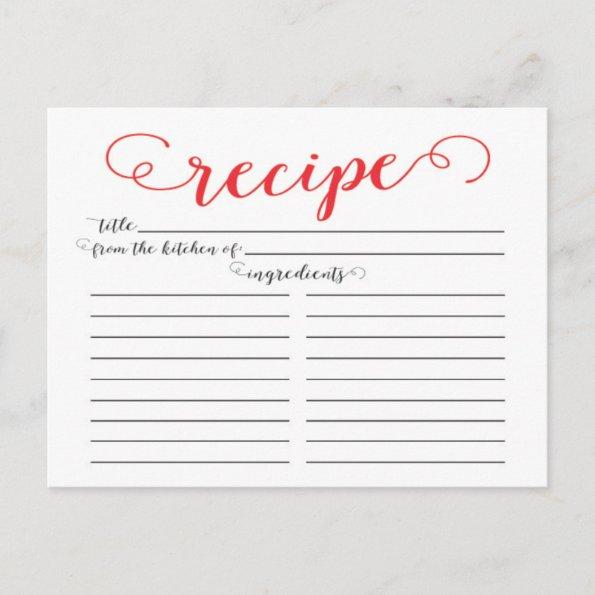 Modern Red Script Bridal Shower Recipe Invitations