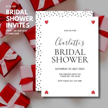 Modern Simple Stylish Red Love Heart Bridal Shower Invitations