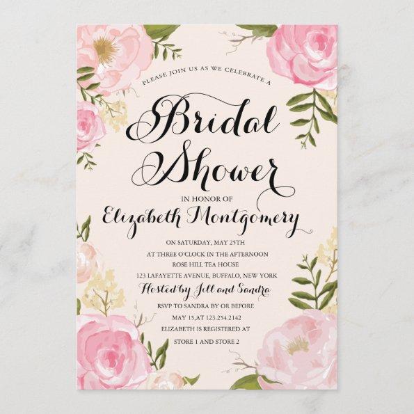 Modern Vintage Pink Floral Bridal Shower Invitations