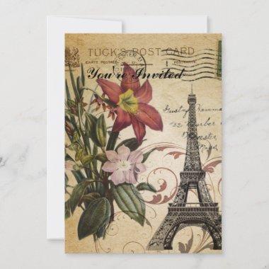 modern vintage scripts lily Paris Eiffel Tower Invitations