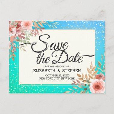 Modern Wedding Save The Date Floral Teal Gold Dots Announcement PostInvitations