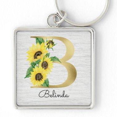 Monogram Gold Sunflower Girly Floral Initial B Keychain