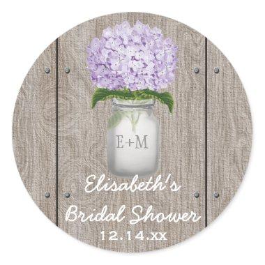 Monogram Mason Jar Purple Hydrangea Bridal Shower Classic Round Sticker