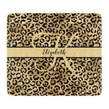 Monogram Name Black Gold Leopard Cheetah Print Ac Cutting Board