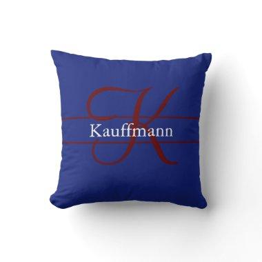Monogram Name Initial Script Red Blue White Throw Pillow