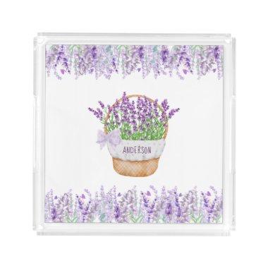 Monogram Name Lavender Flowers Basket Green Purple Acrylic Tray