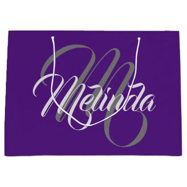 Monogram Name Modern Simply Bridal Gray Purple Large Gift Bag