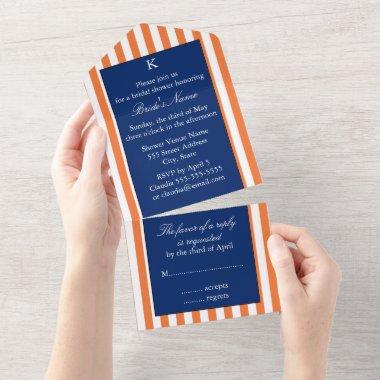 Monogram Orange and White Stripes with Royal Blue All In One Invitations