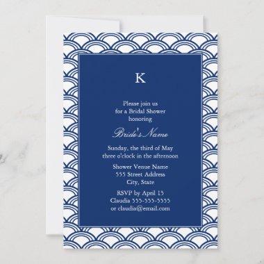 Monogram Royal Blue Seigaiha Pattern Bridal Shower Invitations