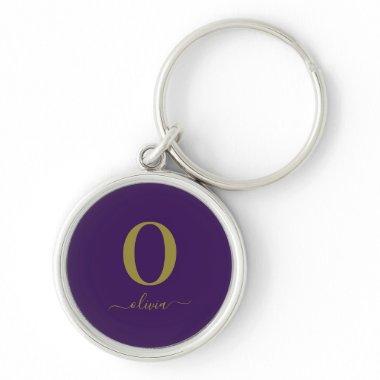 Monogram Script Name Personalized Purple And Gold Keychain