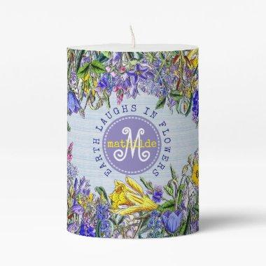 Monogram Wildflowers Vintage Purple Yellow Flowers Pillar Candle