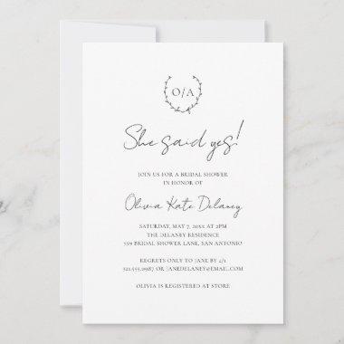 Monogram Wreath Black White Elegant Bridal Shower Invitations