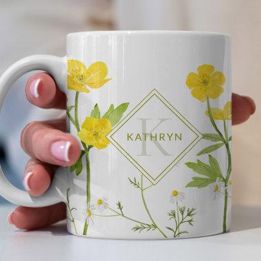 Monogram Yellow Buttercup Illustrated Floral Coffee Mug