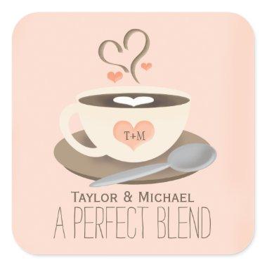 Monogrammed Coffee Cup Heart Wedding Party Favor Square Sticker