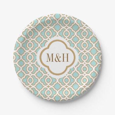Monogrammed Eggshell Blu and Gold Moroccan Wedding Paper Plates