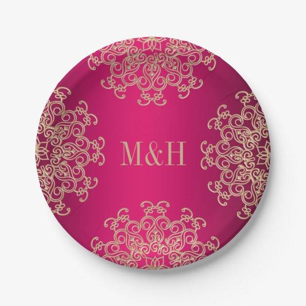 Monogrammed Fuchsia and Gold Indian Style Wedding Paper Plates