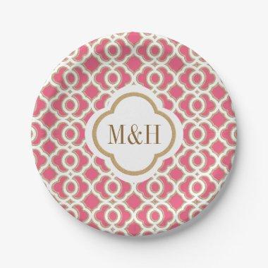Monogrammed Hot Pink and Gold Moroccan Wedding Paper Plates