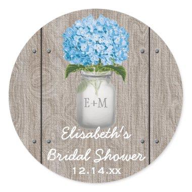 Monogrammed Mason Jar Blue Hydrangea Bridal Shower Classic Round Sticker