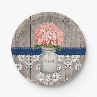 Monogrammed Mason Jar Coral Navy Hydrangea Wedding Paper Plates