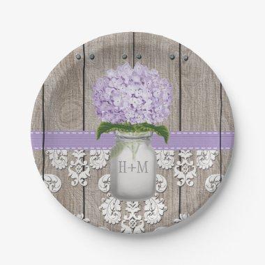 Monogrammed Mason Jar Purple Hydrangea Wedding Paper Plates