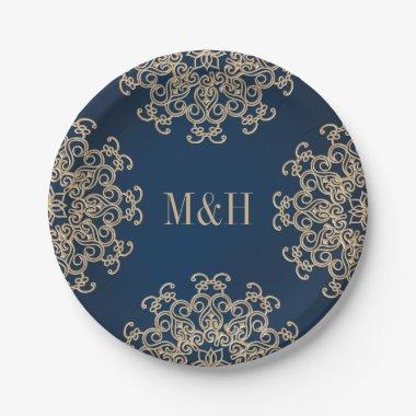 Monogrammed Navy and Gold Indian Style Wedding Paper Plates