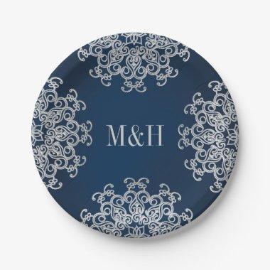 Monogrammed Navy and Silver Indian Style Wedding Paper Plates