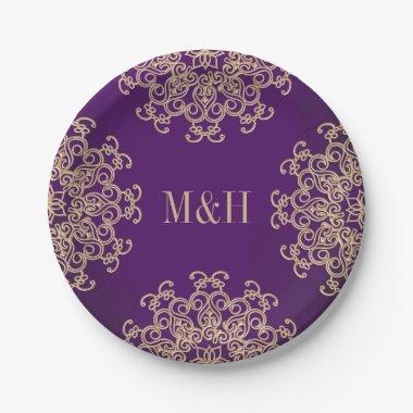 Monogrammed Purple and Gold Indian Style Wedding Paper Plates