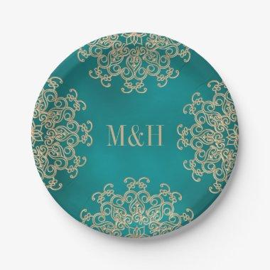 Monogrammed Teal and Gold Indian Style Wedding Paper Plates
