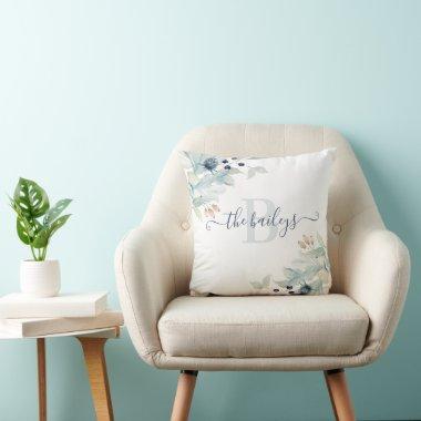 Monogrammed Watercolor Dusty Blue Floral Pillow