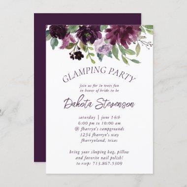 Moody Passion | Purple Floral Frame Glamping Party Invitations