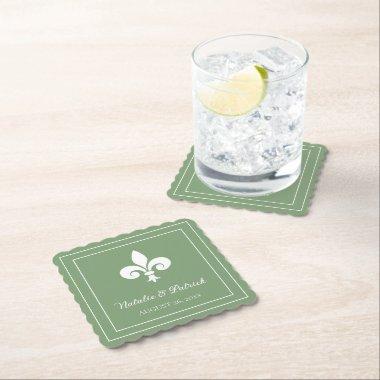 Moss Green Fleur de Lis Wedding Paper Coasters