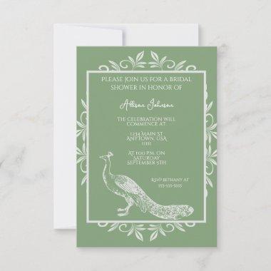 Moss Green Peacock Flourish Bridal Shower Invitations